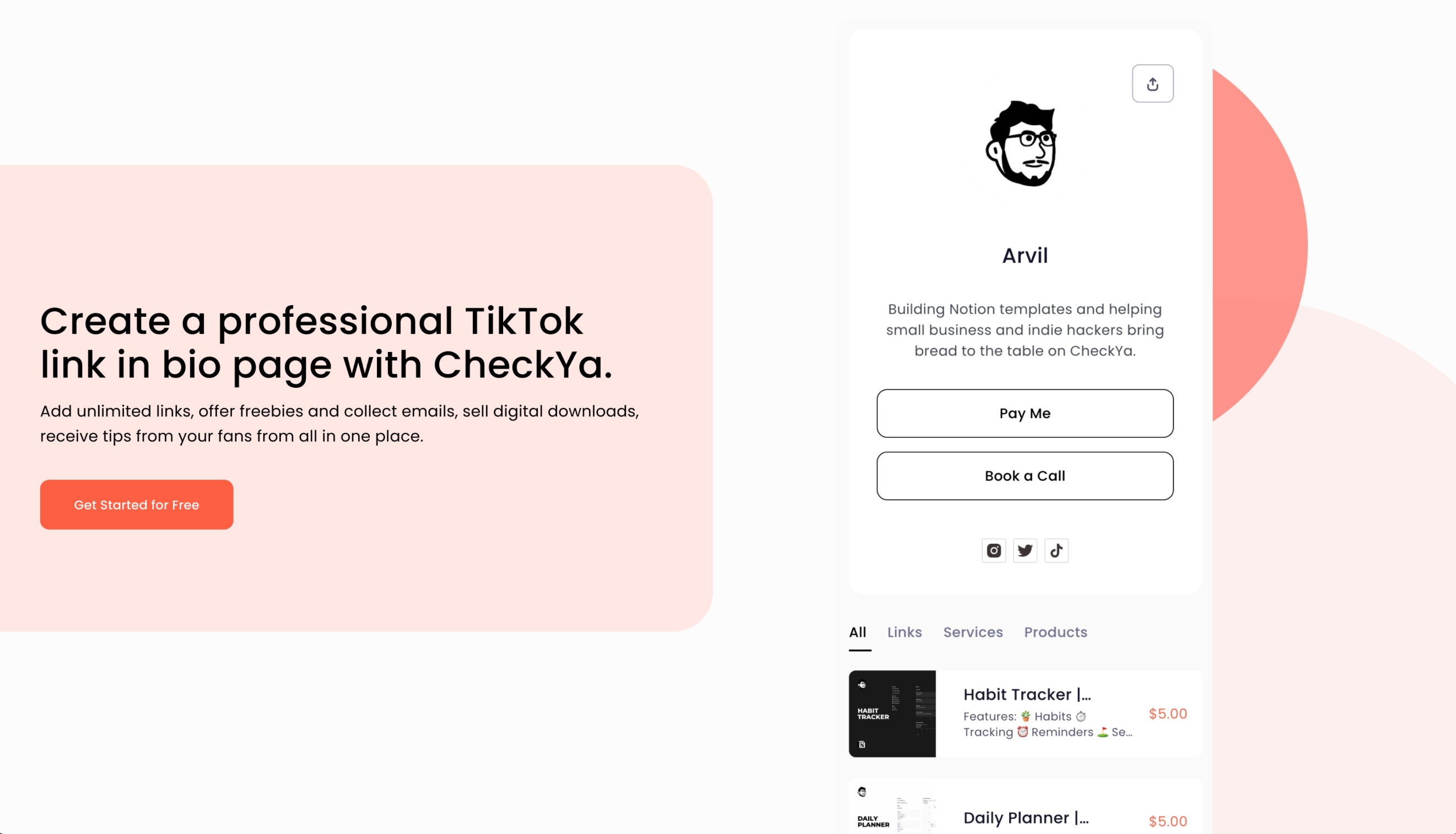 Create your CheckYa link in bio profile.